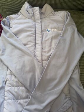 BMW Light Gray Puffer Jacket with Championship Logo Zip Up Golf Jacket